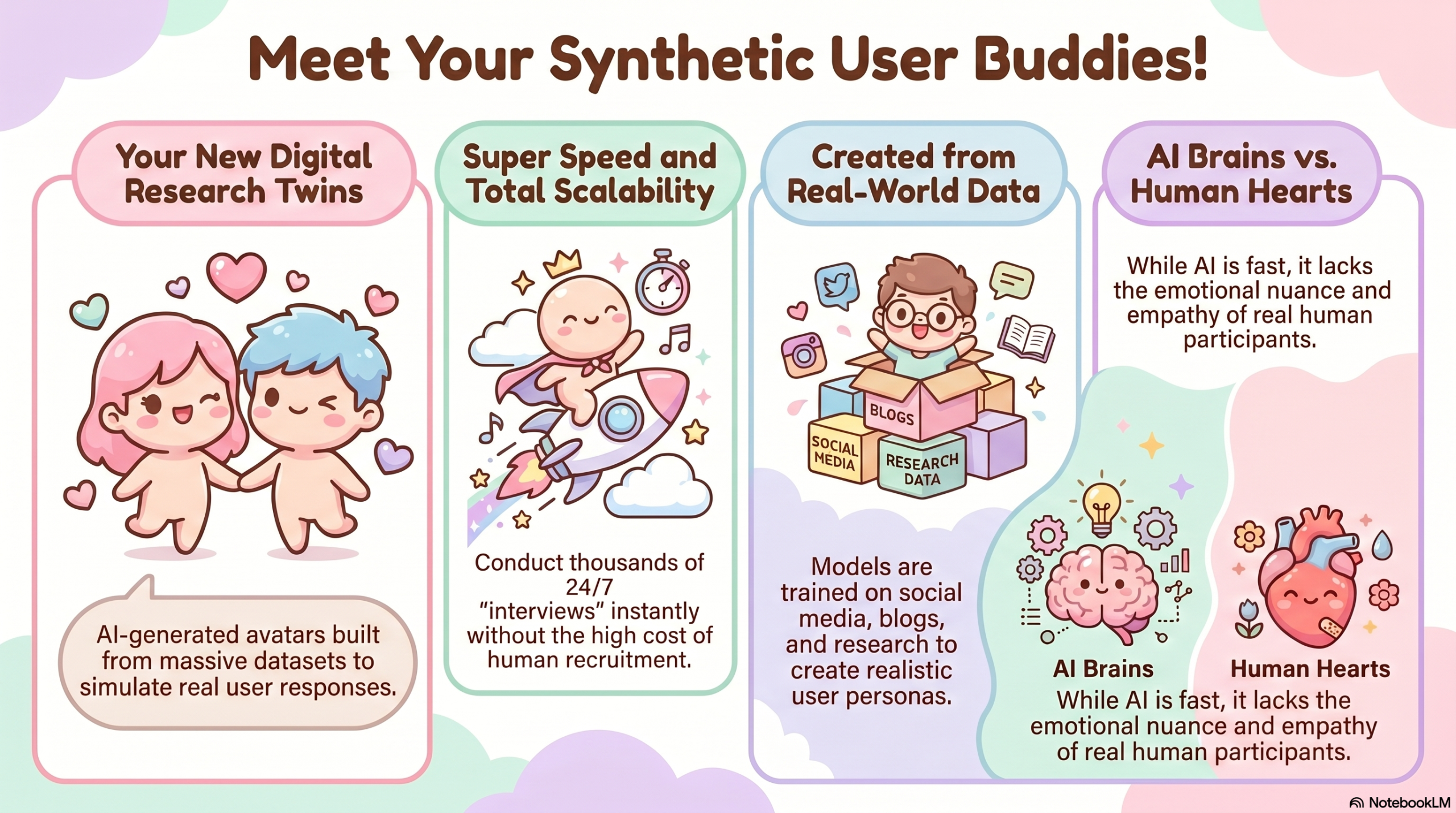 Synthetic users are AI-generated entities designed to simulate real user behaviors and responses