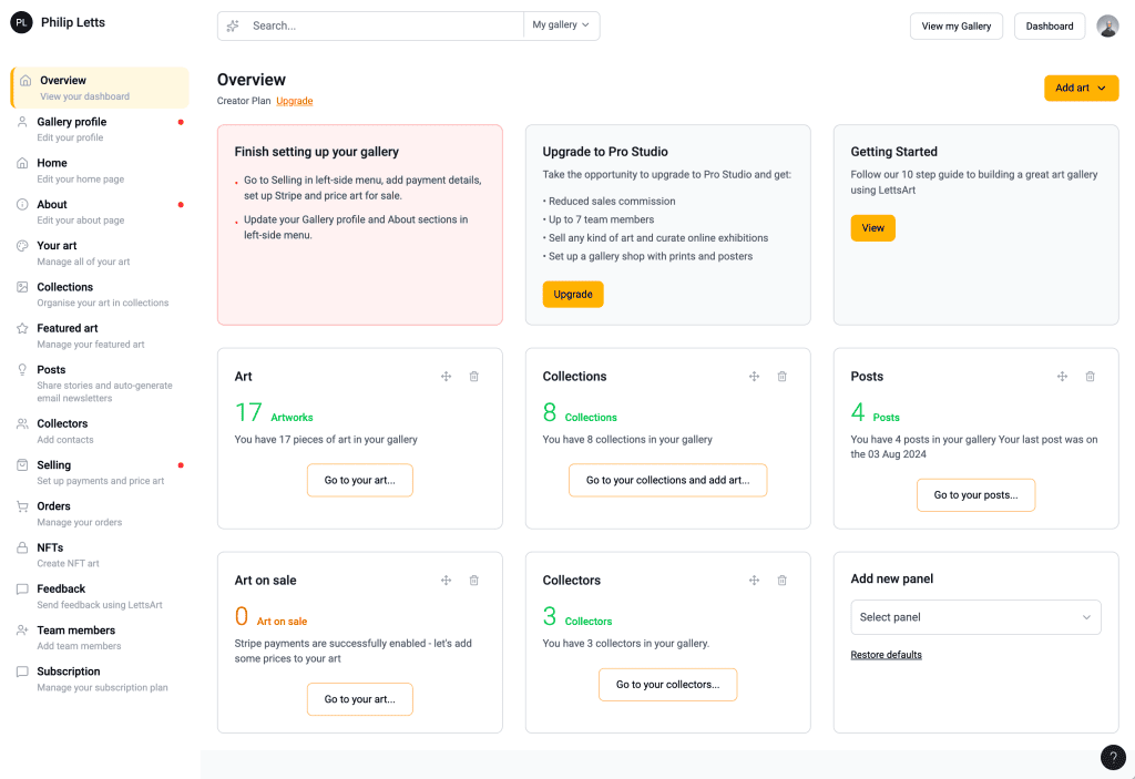 Overview of a user dashboard for managing an art gallery, including sections for artworks, collections, posts, and settings