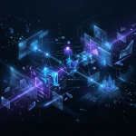 Cinematic abstract interface showing agentic AI workflows glowing in electric blue and violet on a dark background