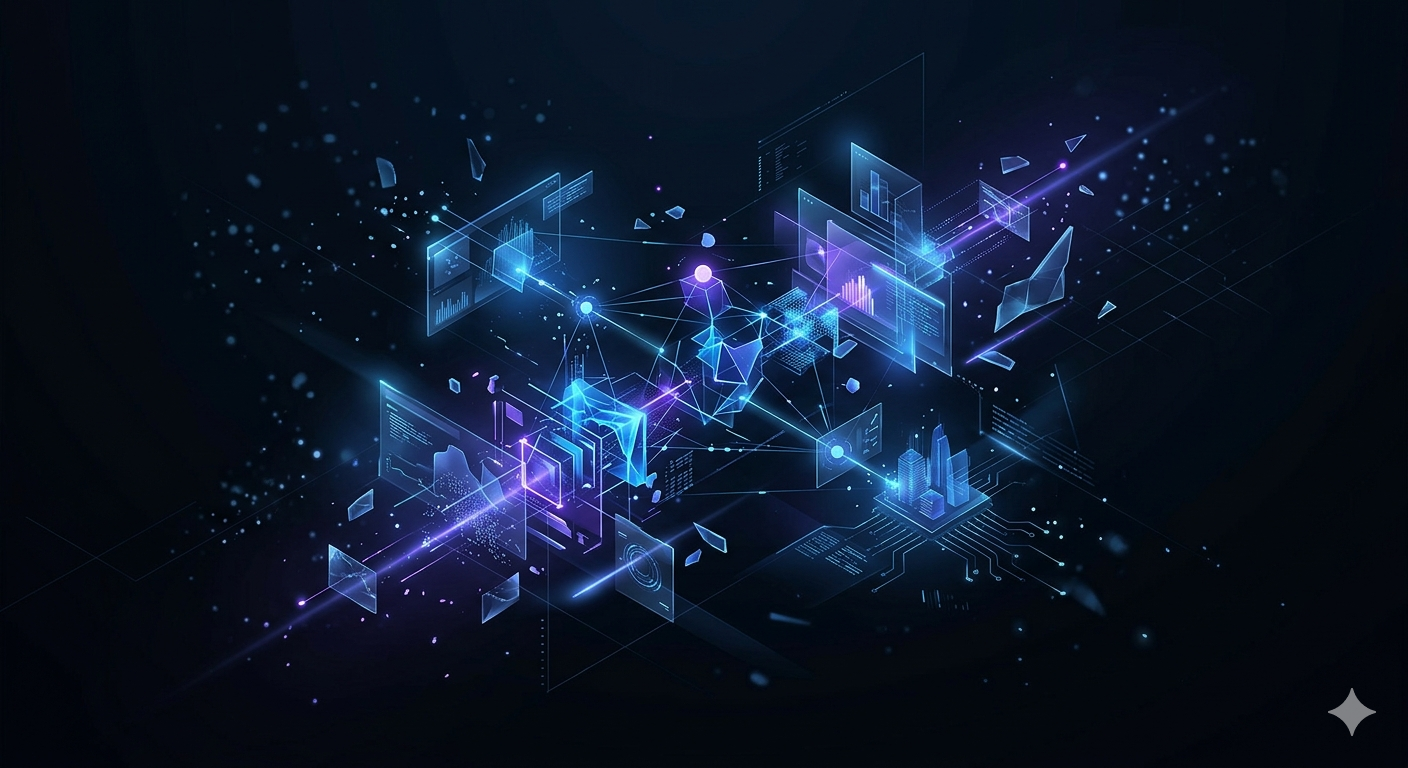 Cinematic abstract interface showing agentic AI workflows glowing in electric blue and violet on a dark background