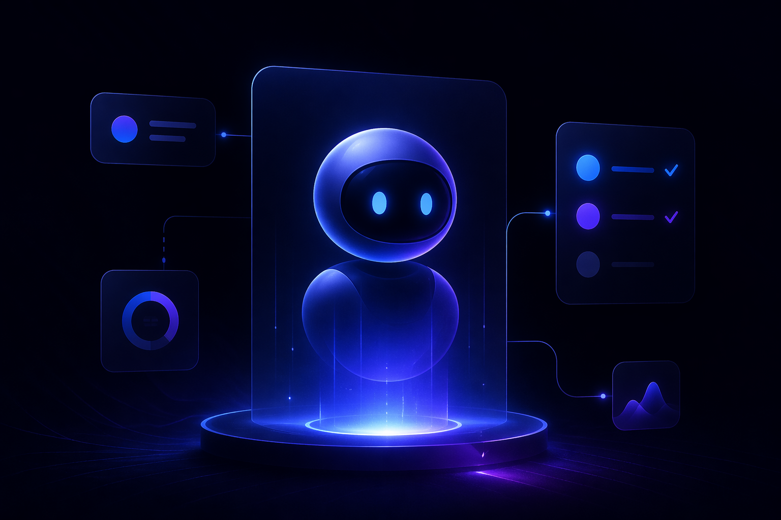 Abstract editorial illustration of an AI agent onboarding interface with minimal UI fragments on a dark background with electric blue and violet accents
