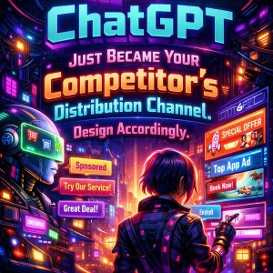 A neon cyberpunk street glows with ChatGPT headlines, sponsored offers, and app ads around a person facing the bright city.
