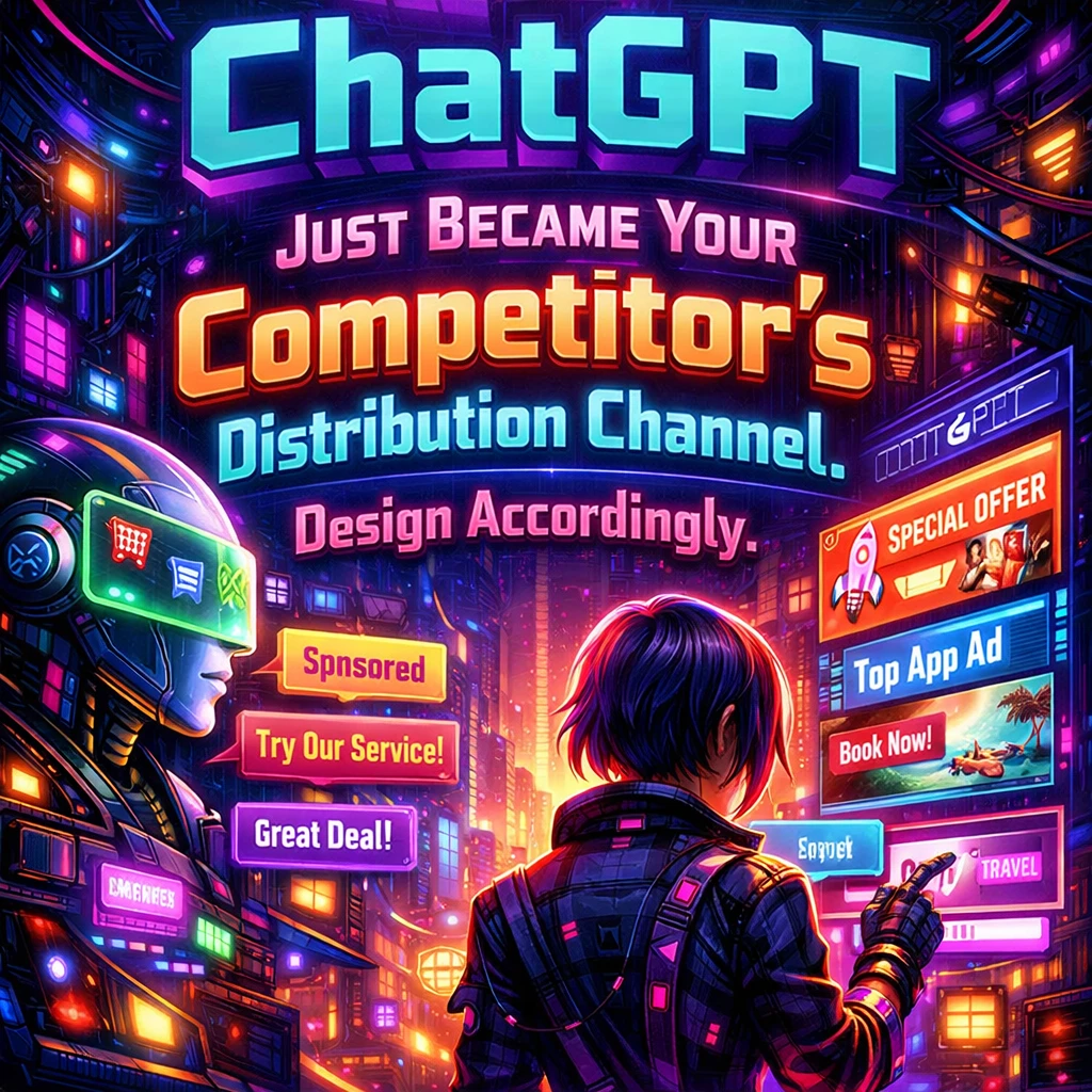 A neon cyberpunk street glows with ChatGPT headlines, sponsored offers, and app ads around a person facing the bright city.