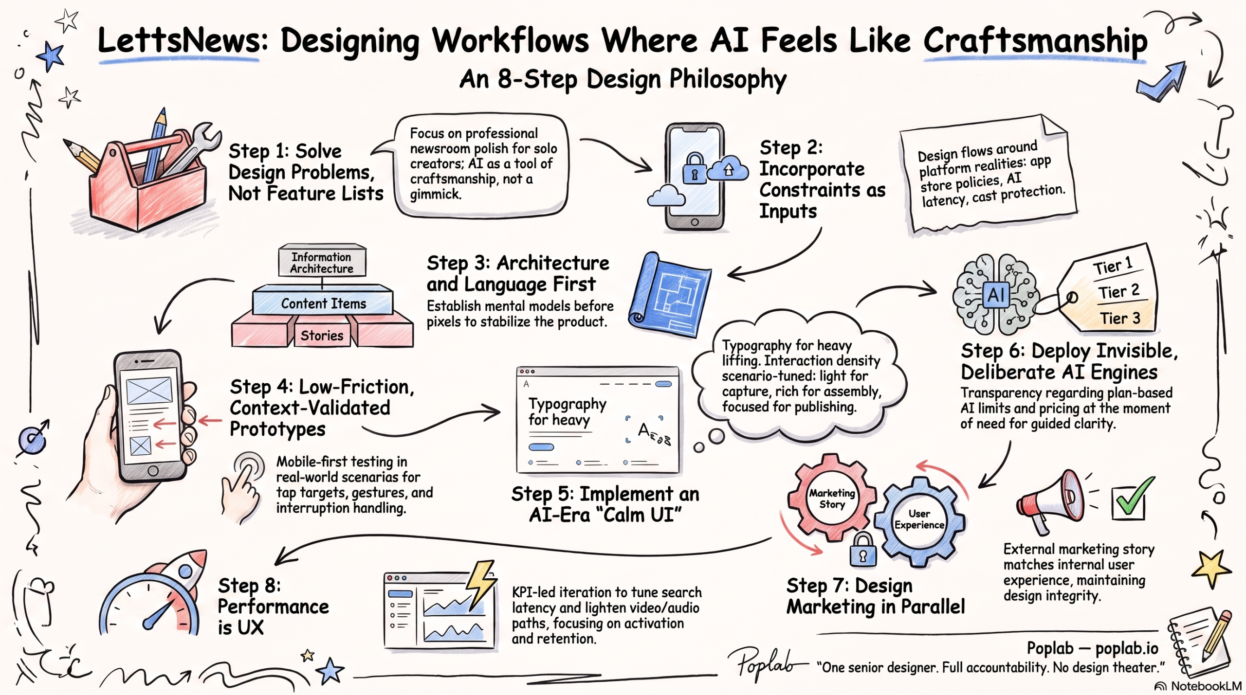 An illustrated LettsNews UX design process diagram maps AI-assisted newsroom workflows from capture to launch.