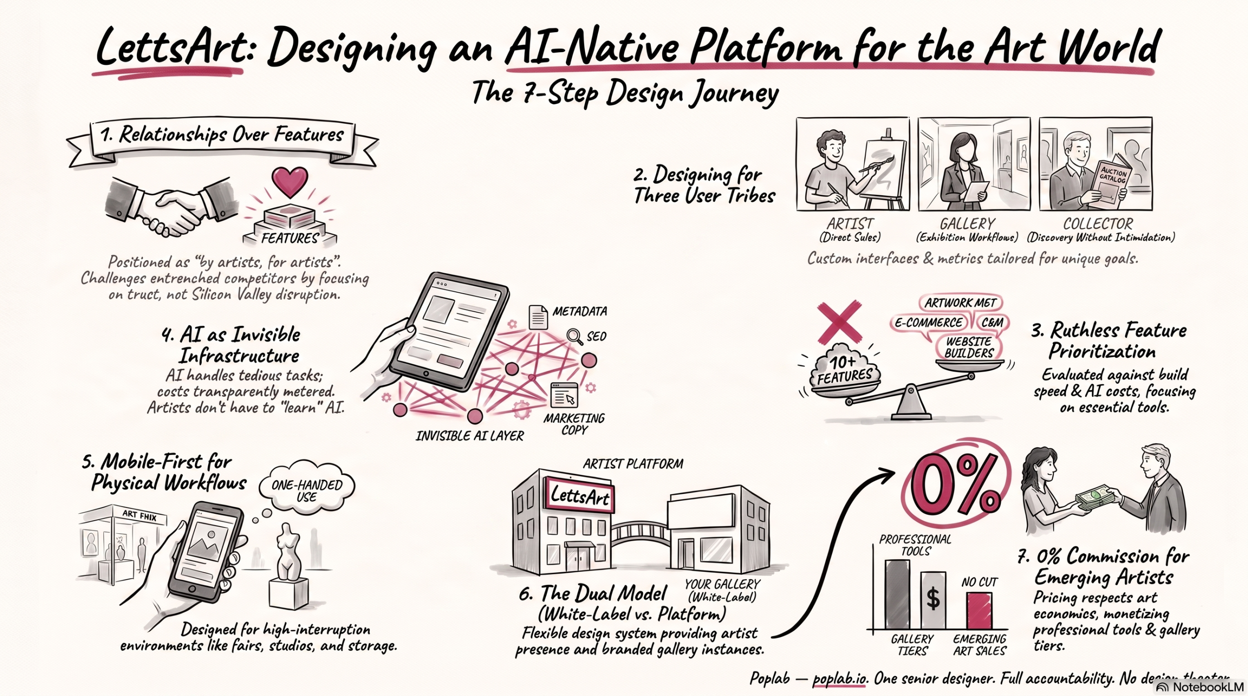 LettsArt's 7-Step Design Journey outlines key principles for creating an AI-native platform for artists, galleries, and collectors, emphasizing relationships, user-centric design, and essential features